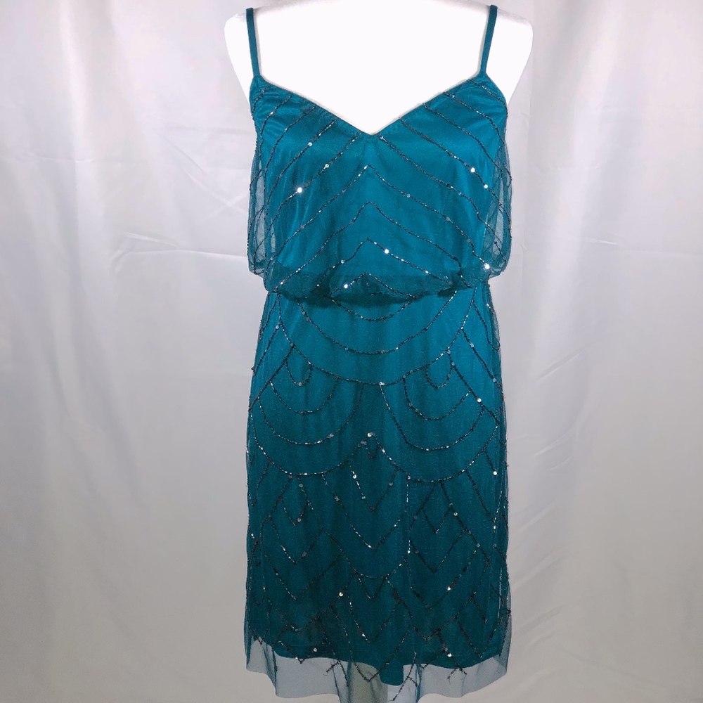 Adrianna Papell Art Deco Beaded Teal Dress